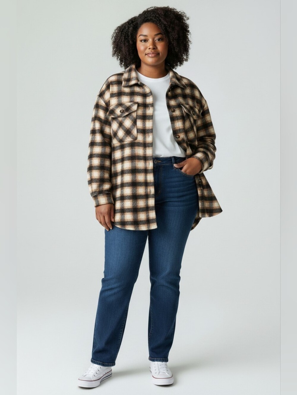 Time & Tru Womens Size XL 16-18 Black Tan & White Plaid Shacket Button Up Pocket